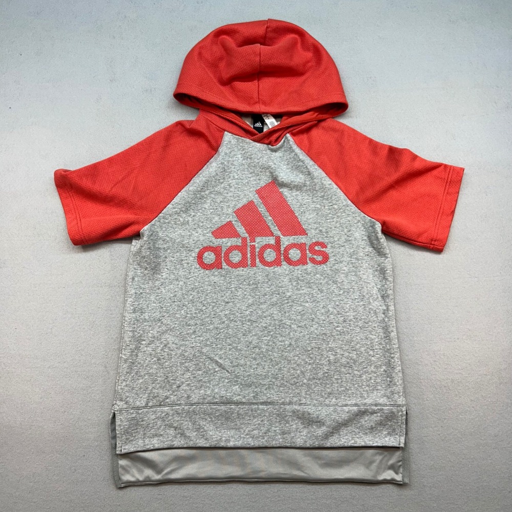 Adidas Womens Short Sleeve Hoodie Gray Red Raglan Logo Sweatshirt Small